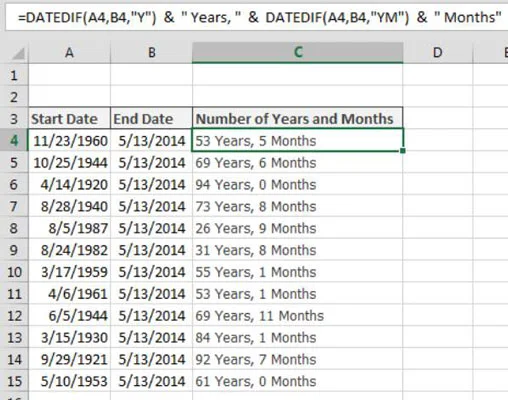 Gadu un mēnešu skaita aprēķināšana starp datumiem programmā Excel