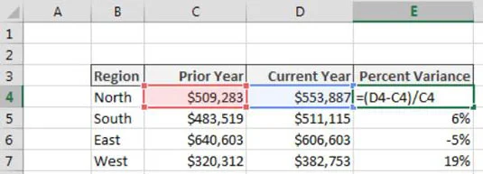 Procentuālās novirzes aprēķināšana programmā Excel