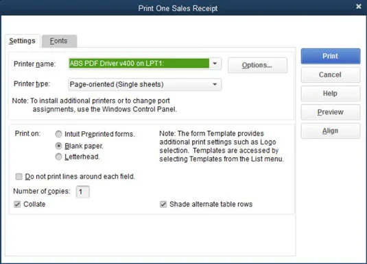Kā izdrukāt pārdošanas kvīti programmā QuickBooks 2015