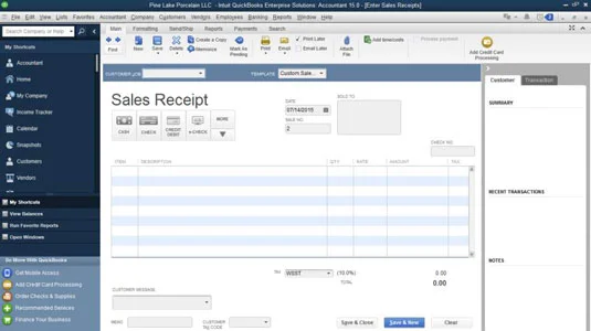 Értékesítési bizonylat rögzítése a QuickBooks 2015-ben