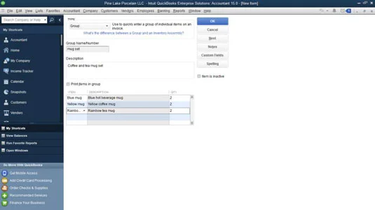 Különleges tételek létrehozása a QuickBooks 2015 számláihoz