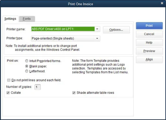 Számlák és jóváírási emlékeztetők nyomtatása a QuickBooks 2015 segítségével