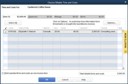 Hogyan lehet a számlázási időt belefoglalni egy számlába a QuickBooks-ban