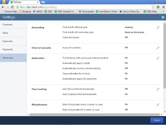 A QuickBooks Online speciális beállításai