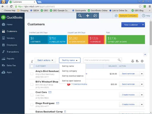 A QuickBooks online listáinak rendezése