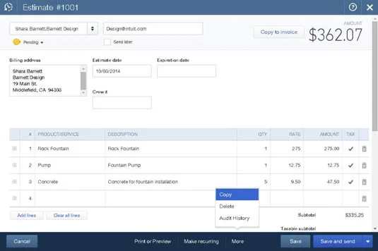 Meglévő becslés másolása a QuickBooks Online-ban