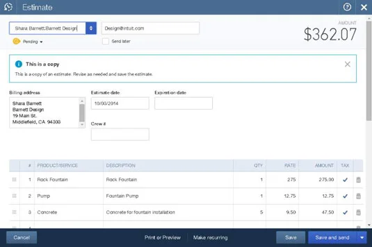 Meglévő becslés másolása a QuickBooks Online-ban