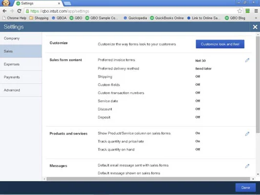 Hogyan állítsunk be értékesítési preferenciákat egy QuickBooks online vállalat számára