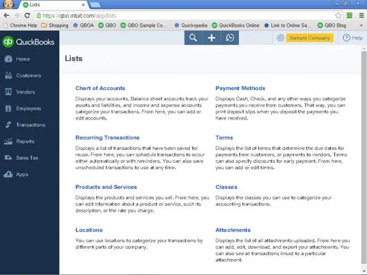 A QuickBooks online lista információinak megjelenítése