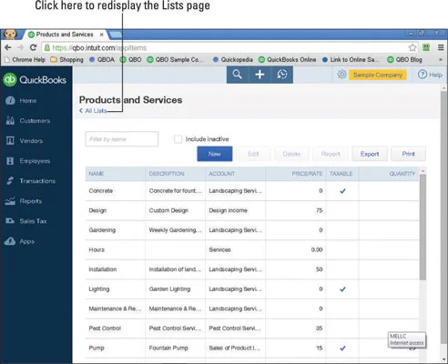 A QuickBooks online lista információinak megjelenítése