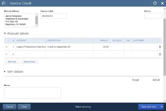 Eladói hitel rögzítése a QuickBooks Online-ban