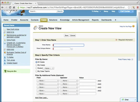 Listanézeti feltételek meghatározása a Salesforce.com webhelyen