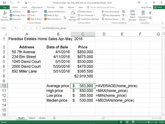 Kaip naudoti AVERAGE, MAX ir MIN funkcijas programoje „Excel 2016“.