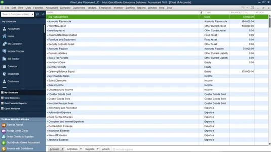 A függő fiókok álcázása a QuickBooks 2016 számlatérképének véglegesítéséhez