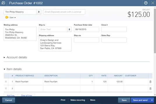 Megrendelés megadása a QuickBooks Online-ban