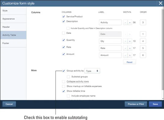 A QuickBooks online űrlapjainak testreszabása a részösszegek kezelésére