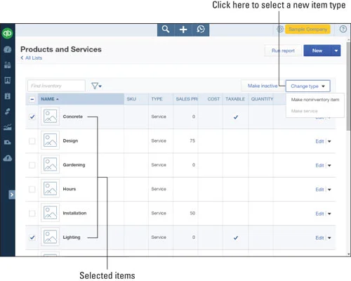 Az elemtípusok megváltoztatása a QuickBooks Online-ban