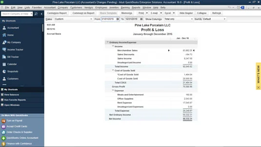 A QuickBooks jelentésablak dobozainak használata