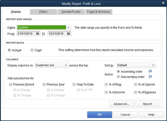 Как да модифицирате отчет на QuickBooks с раздела Display