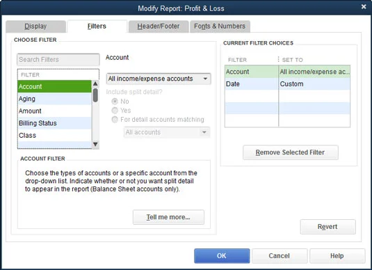 QuickBooks-jelentés módosítása a Szűrők lapon
