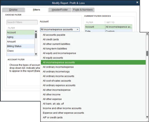 QuickBooks-jelentés módosítása a Szűrők lapon