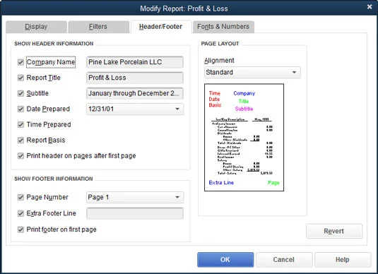 QuickBooks-jelentés módosítása a Fejléc/lábléc lappal
