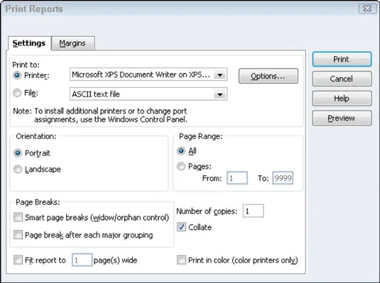 QuickBooks 2012 jelentésablak gombjai