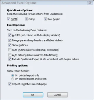 QuickBooks 2012 jelentésablak gombjai