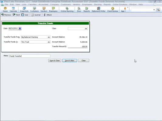 Pénz átutalása bankszámlák között a QuickBooks 2012 segítségével
