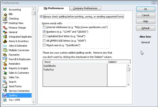 Контролирайте проверката на правописа в QuickBooks 2012