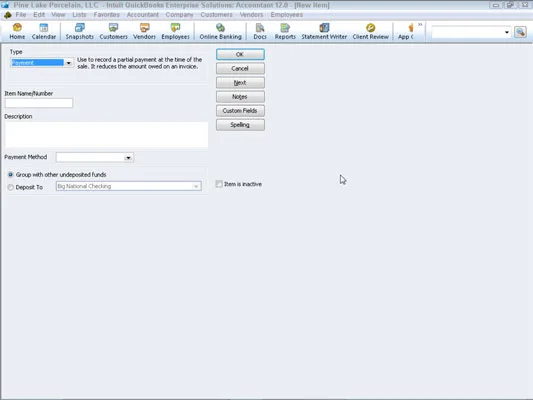Fizetési tétel hozzáadása a tétellistához a QuickBooks 2012-ben