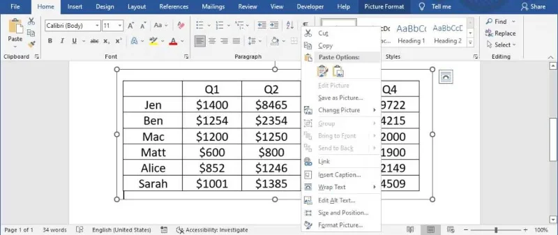 Kako pretvoriti tabele v slike v programu Microsoft Word