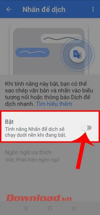 Инструкции за включване на балончето Google Translate на Android