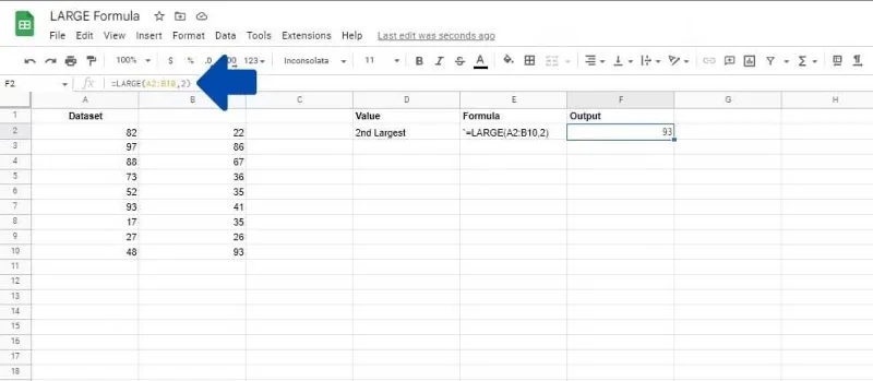 Kako uporabljati funkcijo LARGE v Google Preglednicah