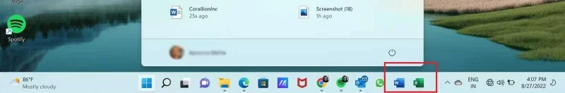Word, Excel és PowerPoint fájlok rögzítése a megfelelő alkalmazásikonhoz a Windows 11 tálcán