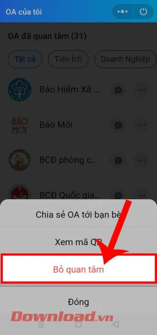 Инструкции за премахване на лихви в официални акаунти (OA) на Zalo