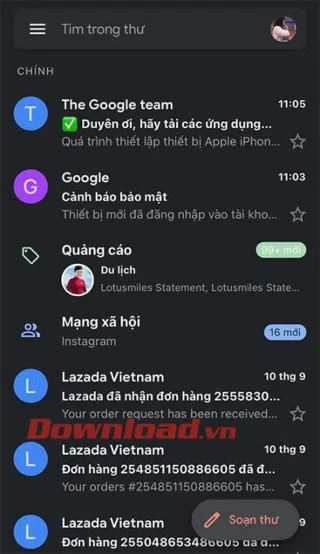 Navodila za vklop načina temnega ozadja za Gmail v telefonu