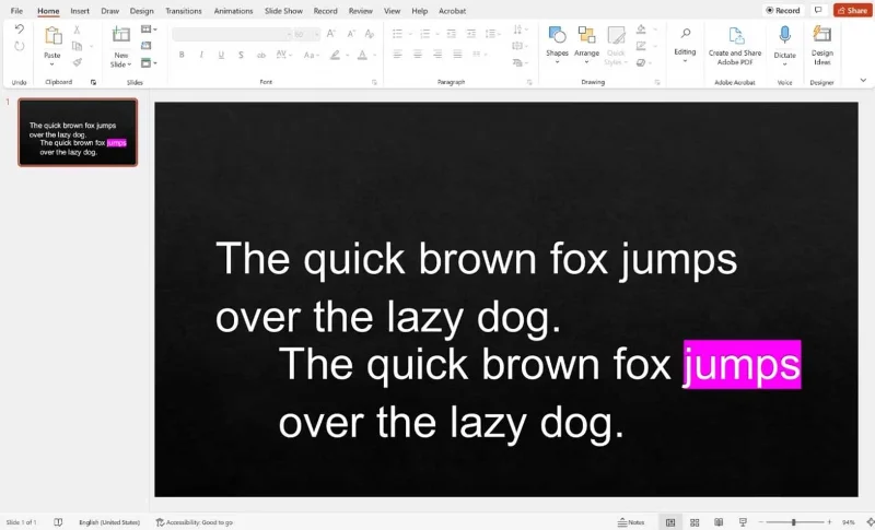 Kā uzsvērt vārdu prezentācijā programmā Microsoft PowerPoint