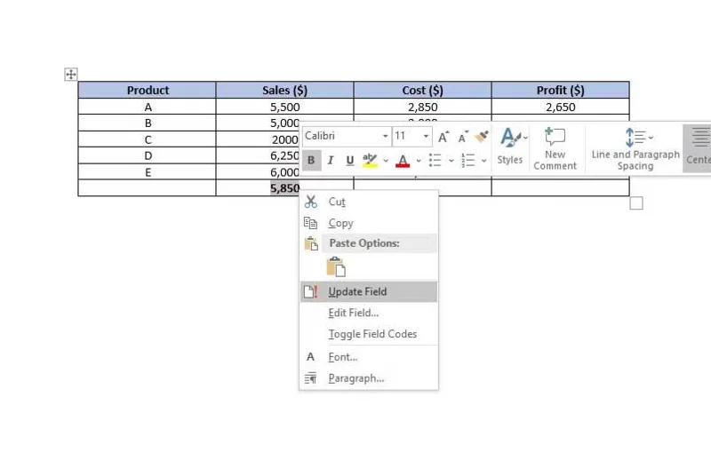 Az Excel képletek használata a Wordben