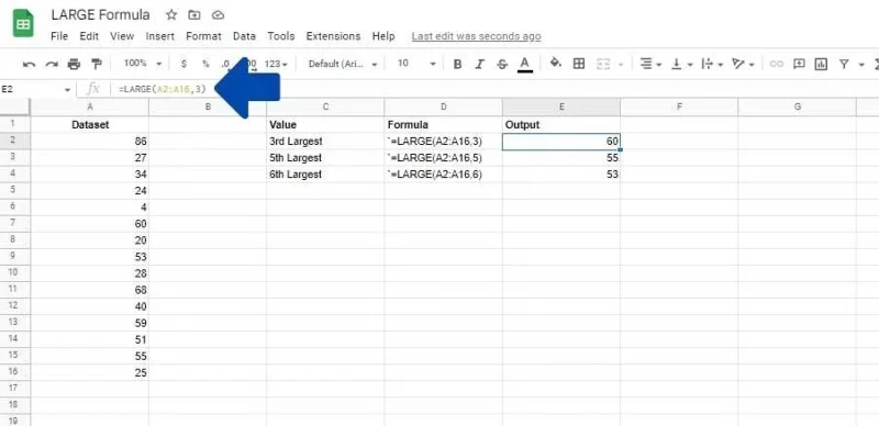 Kako uporabljati funkcijo LARGE v Google Preglednicah