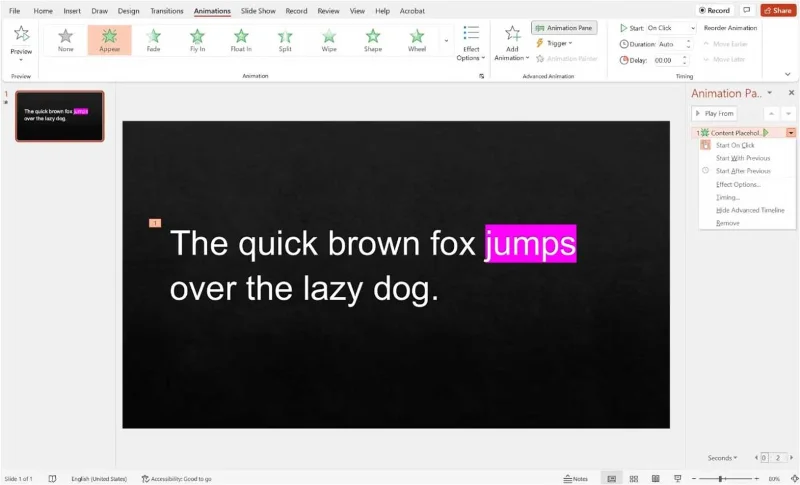 Kā uzsvērt vārdu prezentācijā programmā Microsoft PowerPoint