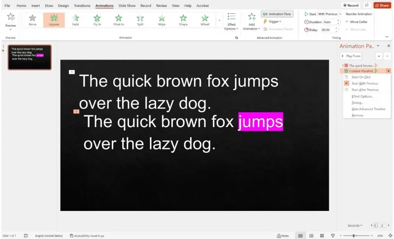 Kā uzsvērt vārdu prezentācijā programmā Microsoft PowerPoint