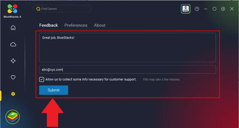 BlueStacks X: kā ziņot par problēmu un nosūtīt atsauksmes