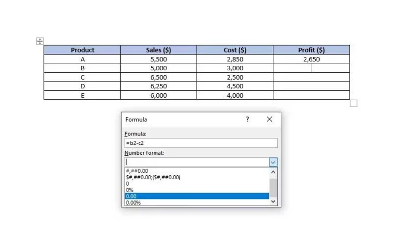 Az Excel képletek használata a Wordben
