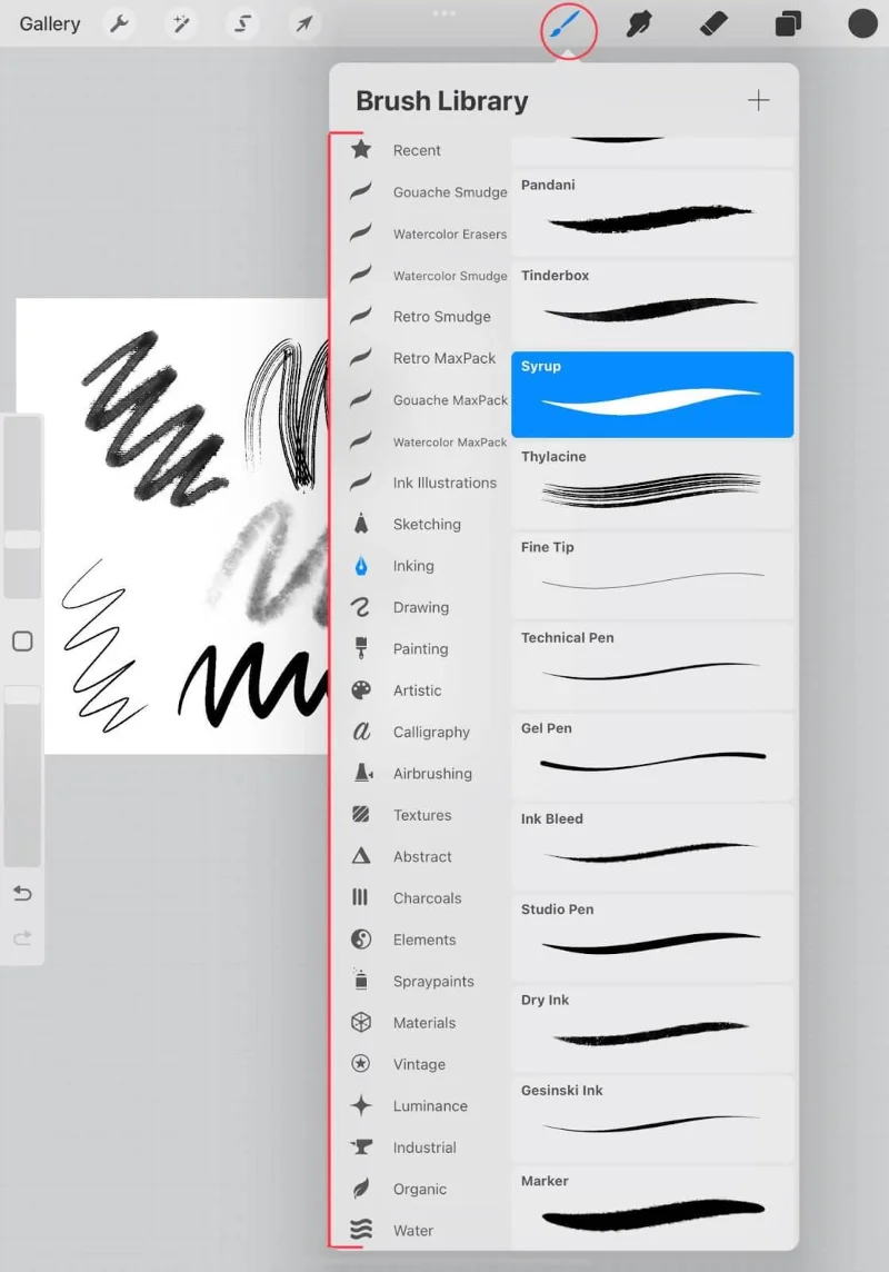 Výběr štětce v Procreate