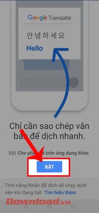 Инструкции за включване на балончето Google Translate на Android