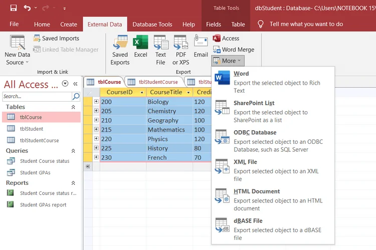 Kako izvoziti podatke Microsoft Access v Word