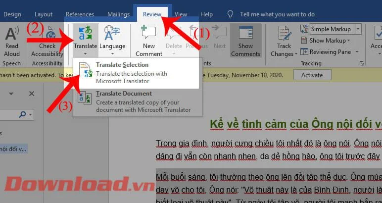 Инструкции за превод на текст директно в Word