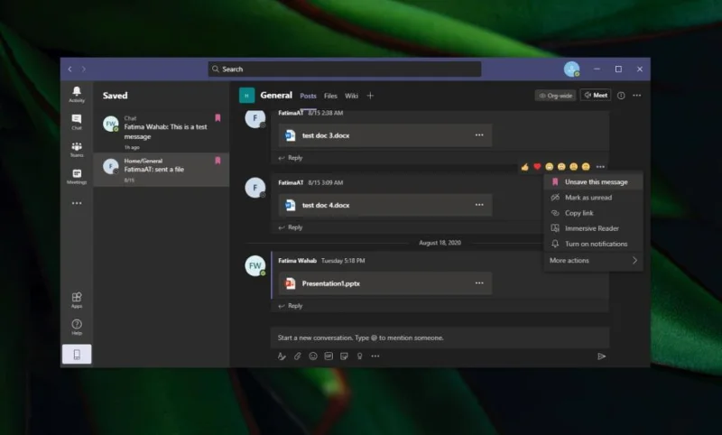 Üzenetek mentésének visszavonása a Microsoft Teamsben