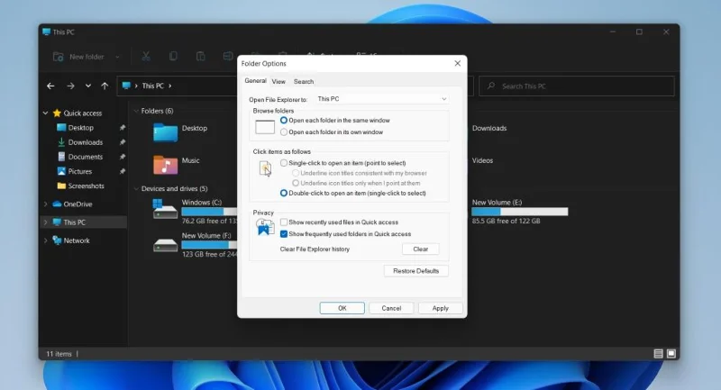 Slik åpner du mappealternativer på Windows 11